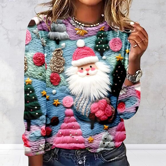 Yinbwol Women Blue Long Sleeve Oversize Round Neck Pullover Christmas Sweatshirt - Picture 3 of 7